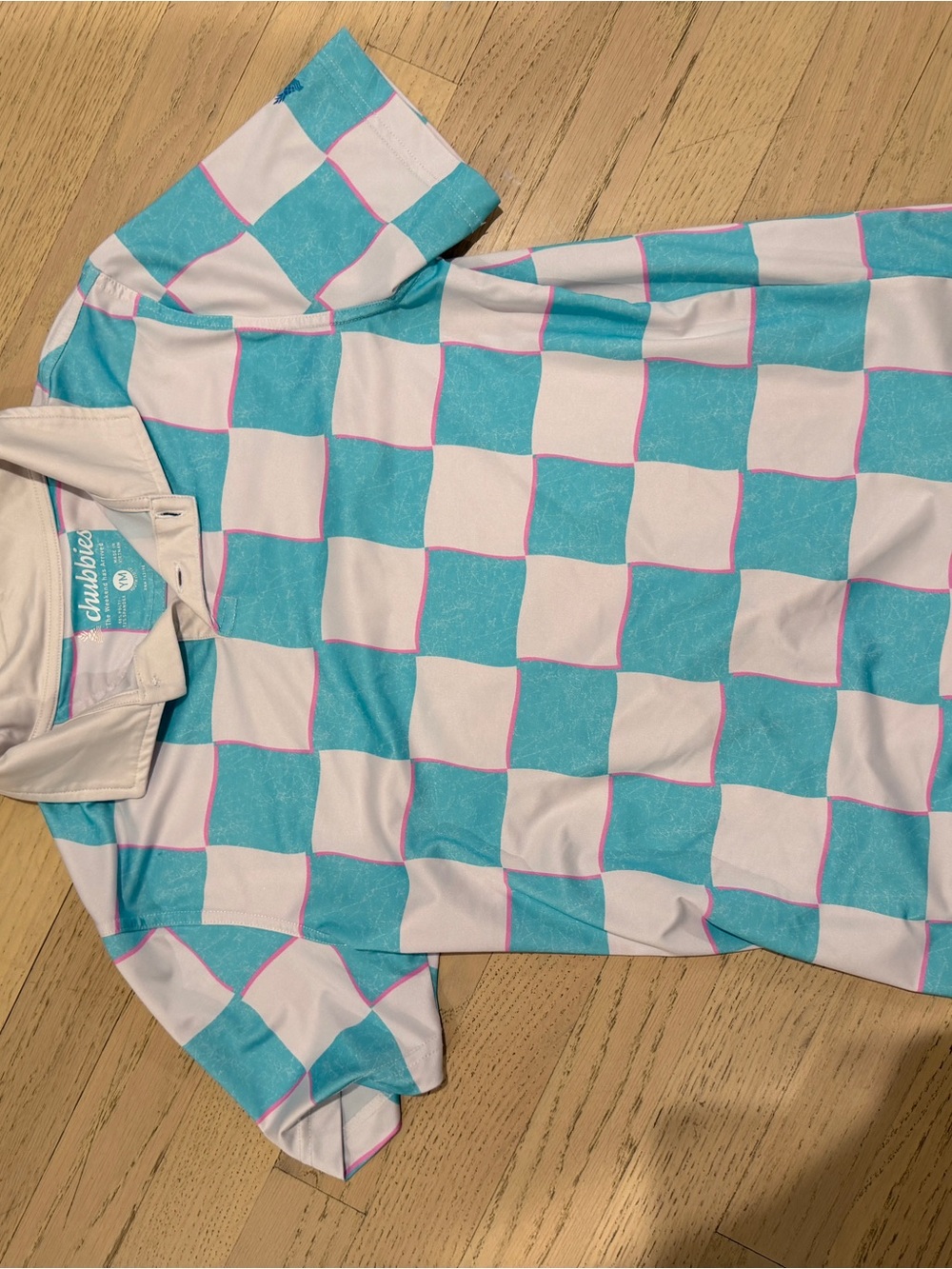 chubbies Kids Turquoise & White Check Polo with Pink Accents